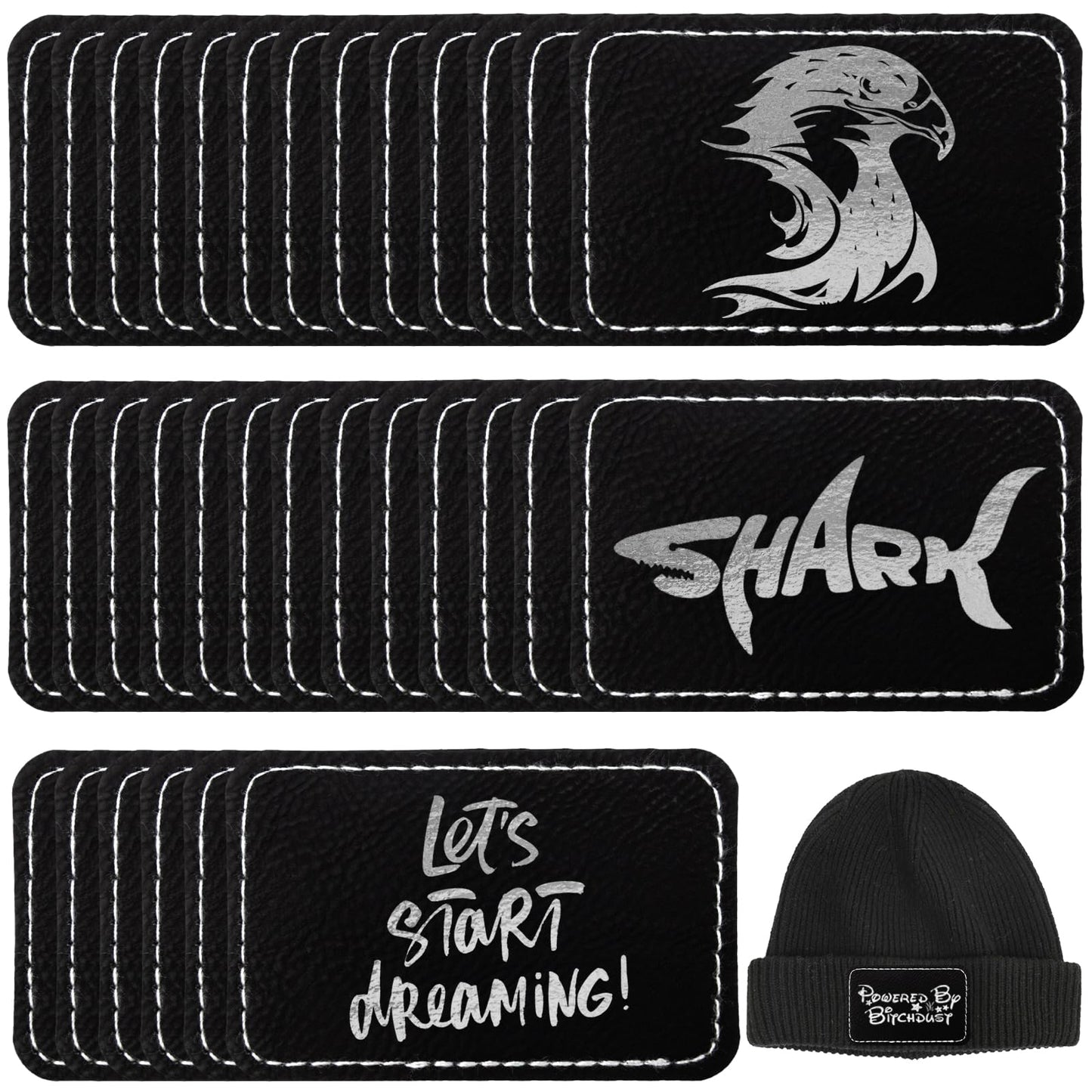 50 Pack Blank Leatherette Hat Patch with Adhesive, Rectangle Laserable Leatherette Patch, Faux Leather Patches for Hats Custom Fabric Repair Sew Laser Supplies (Black to Silver)