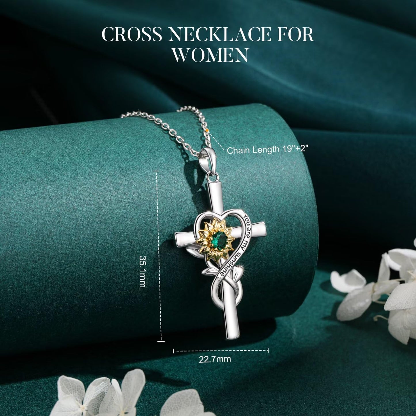 Iefil Mothers Day Gifts for Mom - First Time Mom Gifts | Sunflower Birthstone Necklaces, Simulated Emerald Cross Necklace for Women