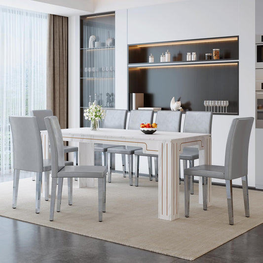 KEIKI 9-Piece Dining Table Set, 71" White Faux Marble Kitchen Table with 8 Light Gray PU Leather Chairs, Modern Dining Room Set with Silver Metal Legs, Large Rectangular Table for Home, Restaurant