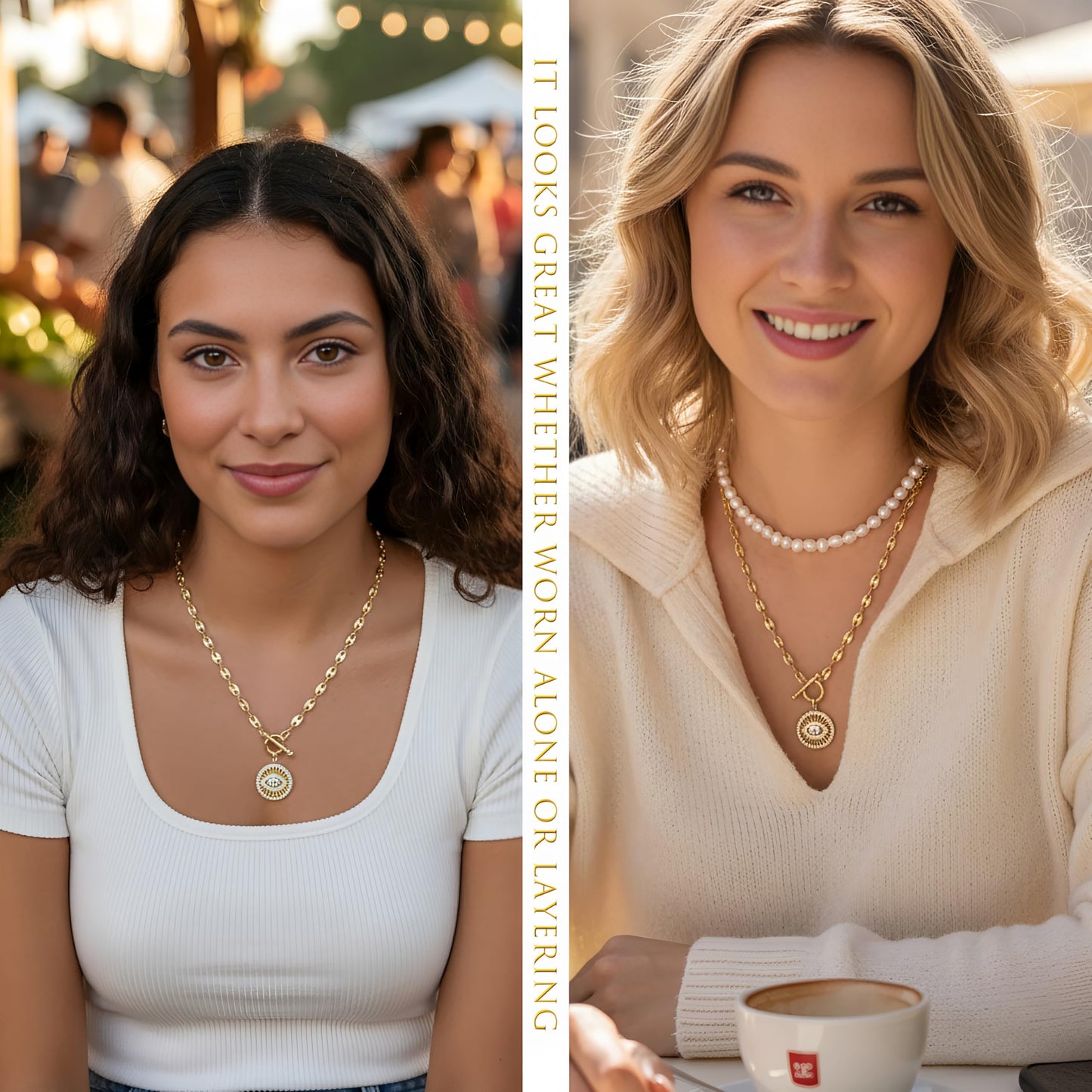 NUZON Round Evil Eye Pendant Necklace for Women 14K Gold Plated Coffee Bean Chain Coin Disk CZ Demon Eye Protection Charm Lucky Amulet Spiritual Jewelry Gift 18’’