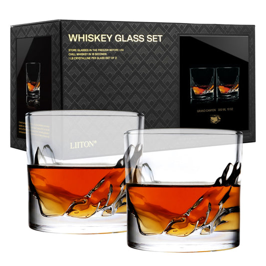 LIITON Grand Canyon Heavy Crystal Whiskey Glasses Gift Set of 2, Thick Freezable Bourbon Glass 1lb Each, Premium Whiskey Gifts for Men, Frozen Crystal Chills Cocktails, 10 oz