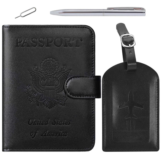 Passport Holder With Luggage Tag Cover Wallet RFID Blocking Leather Case Travel Essentials Accessories Travel Must Have(114#Black)