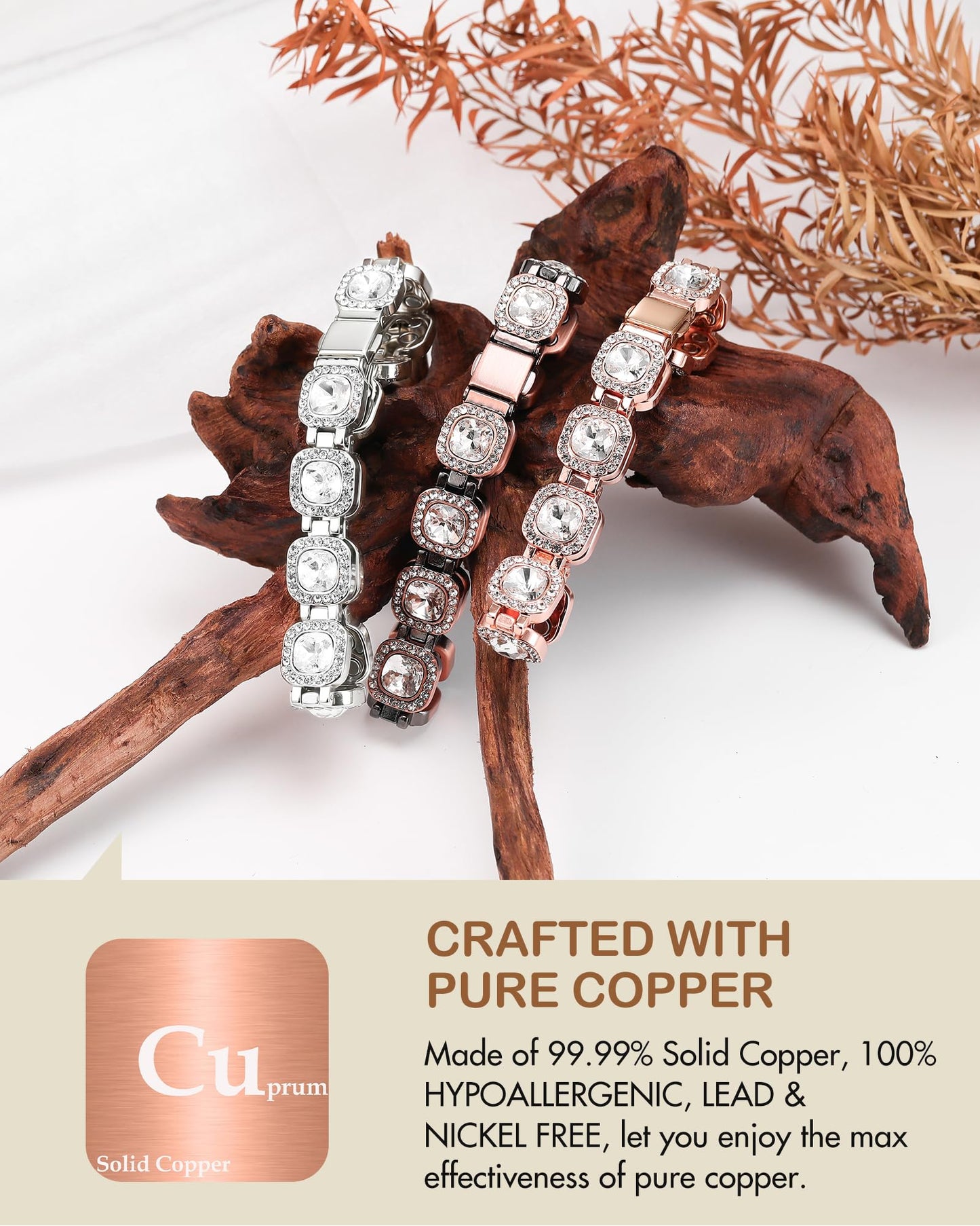 Feraco Copper Bracelets for Women, 4X Ultra Strength Magnetic Bracelet with 3800 Gauss Neodymium Magnets & Sparkling Austrian Cut Crystals, Adjustable Pure Copper Jewelry Gift