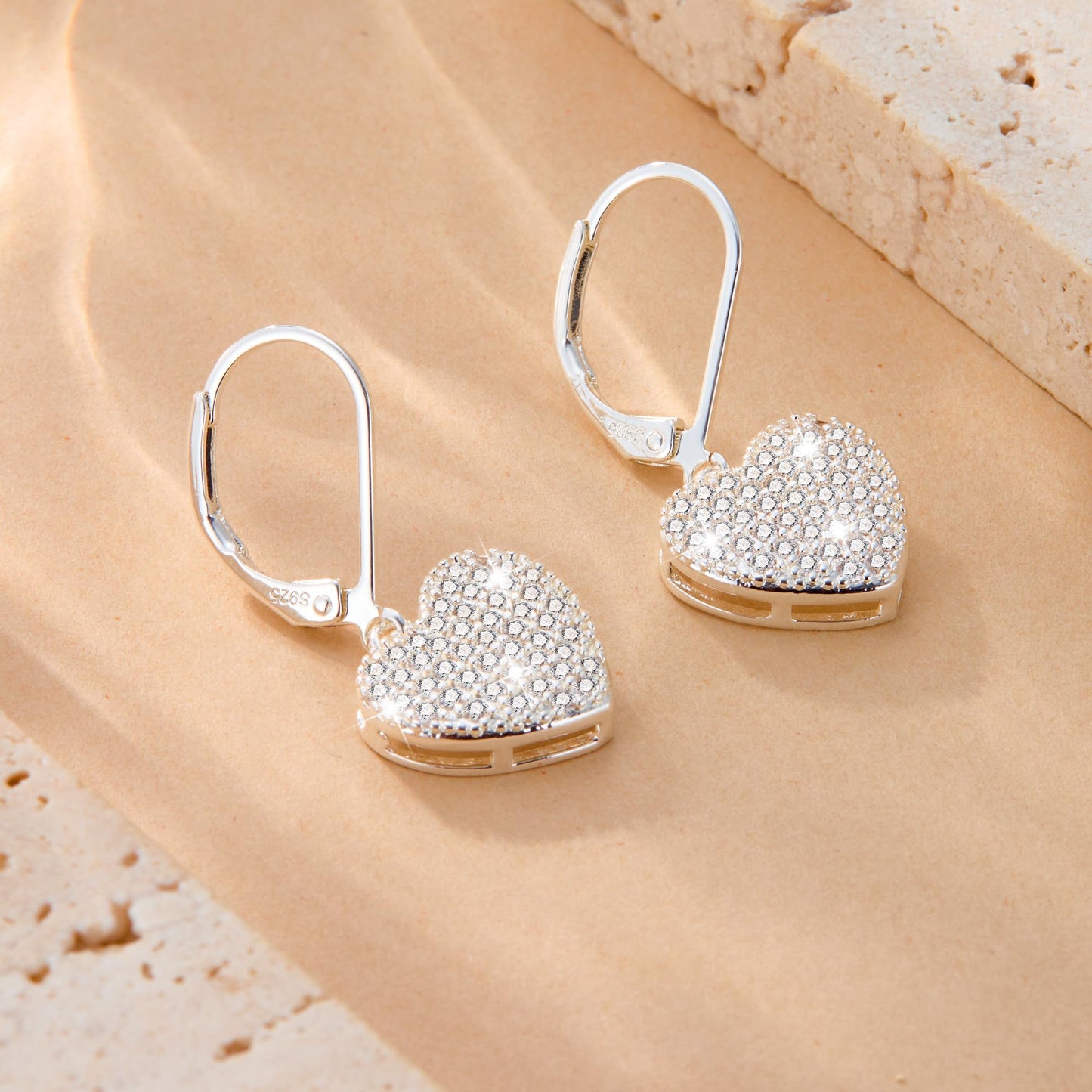 Sterling Silver Dangle Earrings, ALEXCRAFT Heart Dangling Drop Earring for Women Trendy Hypoallergenic 925 Sterling Silver Leverback Earings Cubic Zirconia Heart Dangle Earrings for Women Lady