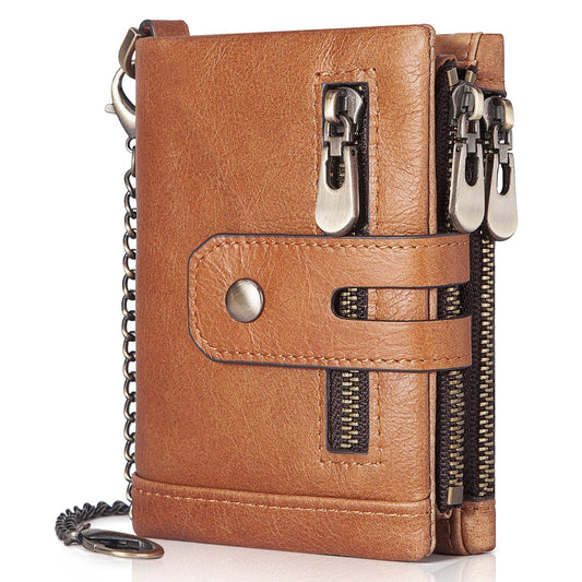 gzcz Mens Wallet with Chain RFID Blocking Genuine Leather Bifold Purse for Men ID Window and Zip Coin Pocket (Brown)