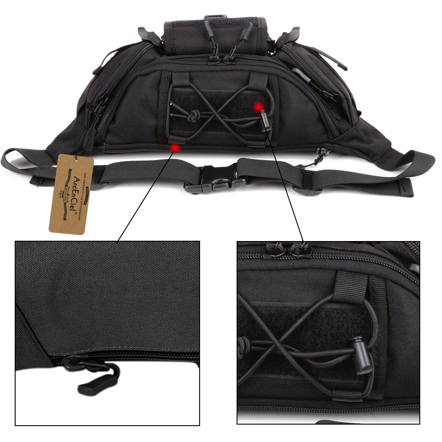 ArcEnCiel Tactical Fanny Pack for Men Women Waist Bag Hip Belt Outdoor Hiking Fishing Bumbag with Patch (Black)