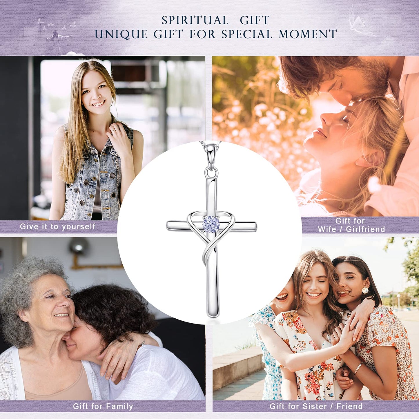 AmorAime 925 Sterling Silver Cross Necklace for Women Men 14K Gold Plated 5A CZ Birthstone Necklaces for Holiday (F.Light Purple-June-Alexandrite)