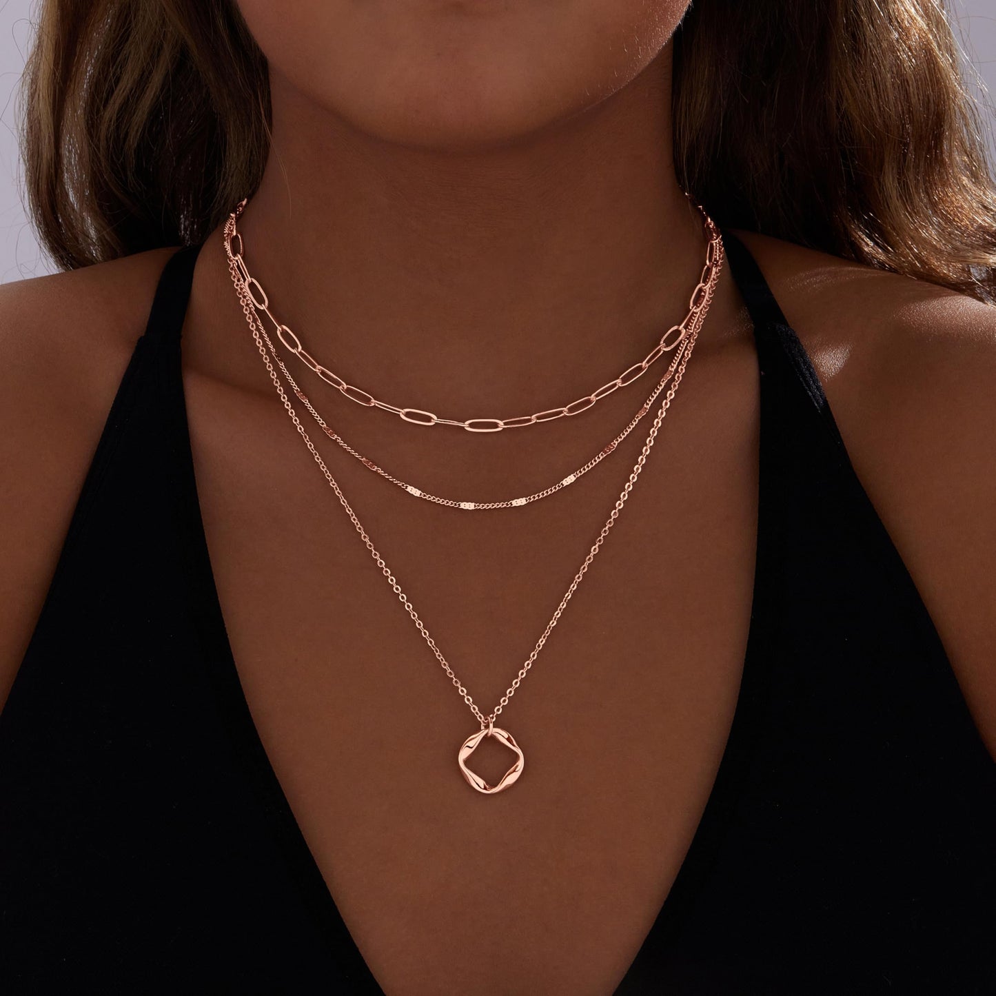 Poxtex Rose Gold Layered Necklaces for Women, Rose Gold Plated Dainty Stackable Choker Necklaces for Women, Trendy Layering Geometric Pendant Paperclip Chain Thin Necklace Jewelry Set Gifts