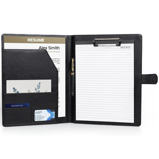 Professional Padfolio with Notepad Included | Faux Leather Portfolio Folder with Clipboard, Resume Folder, Legal Pad Holder, Business Card Holder | A4 Letter Size | Black