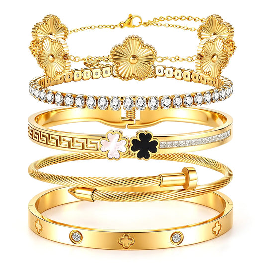 Camhanno 5pcs Gold Stackable Bracelet Set for Women - Stainless Steel Non-Tarnish Clover Lucky Charm Bangle Jewelry, Trendy Gift for Girlfriend/Wife on Christmas Valentine's Birthday