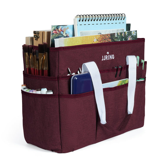JJRING Craft Organizer Tote Bag, Large Art Storage Caddy with Multiple Pockets, Dark Red Sewing Bag for Art, Craft, Scrapbooking, Medical, and Office Supplies Storage