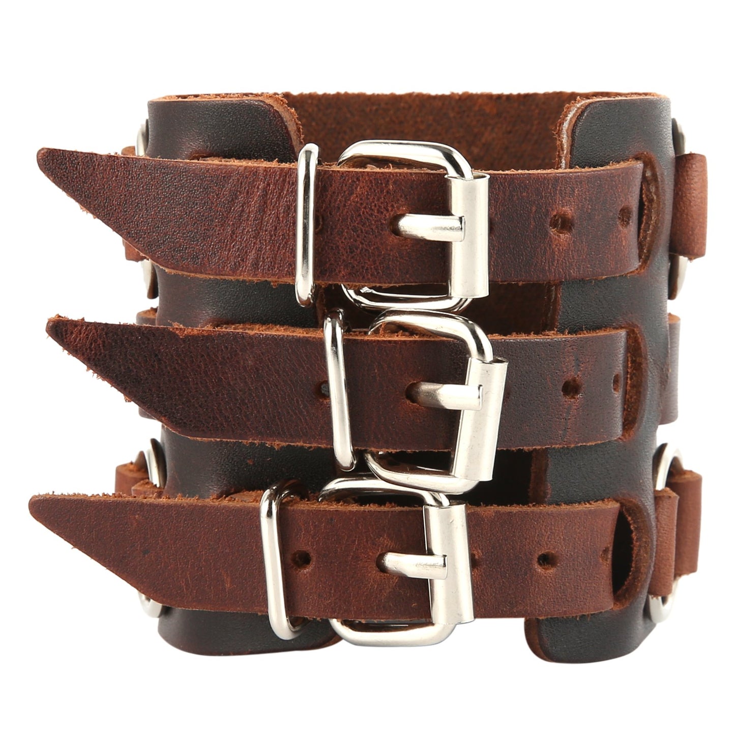 HZMAN Men's Alloy Ring Genuine Leather Bracelet Bangle Cuff Silver Tone Adjustable (Brown)