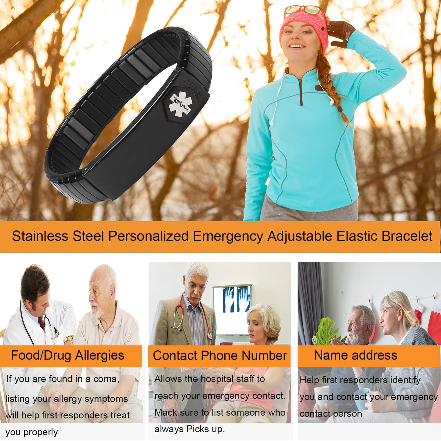 EnerMagiX Medical Alert Bracelet Men's Stainless Steel Personalized Adjustable Elastic Medical ID Bracelet 8.26'' (Black) for Diabetes, Allergies, Epilepsy, Penicillin, Writeable Cards