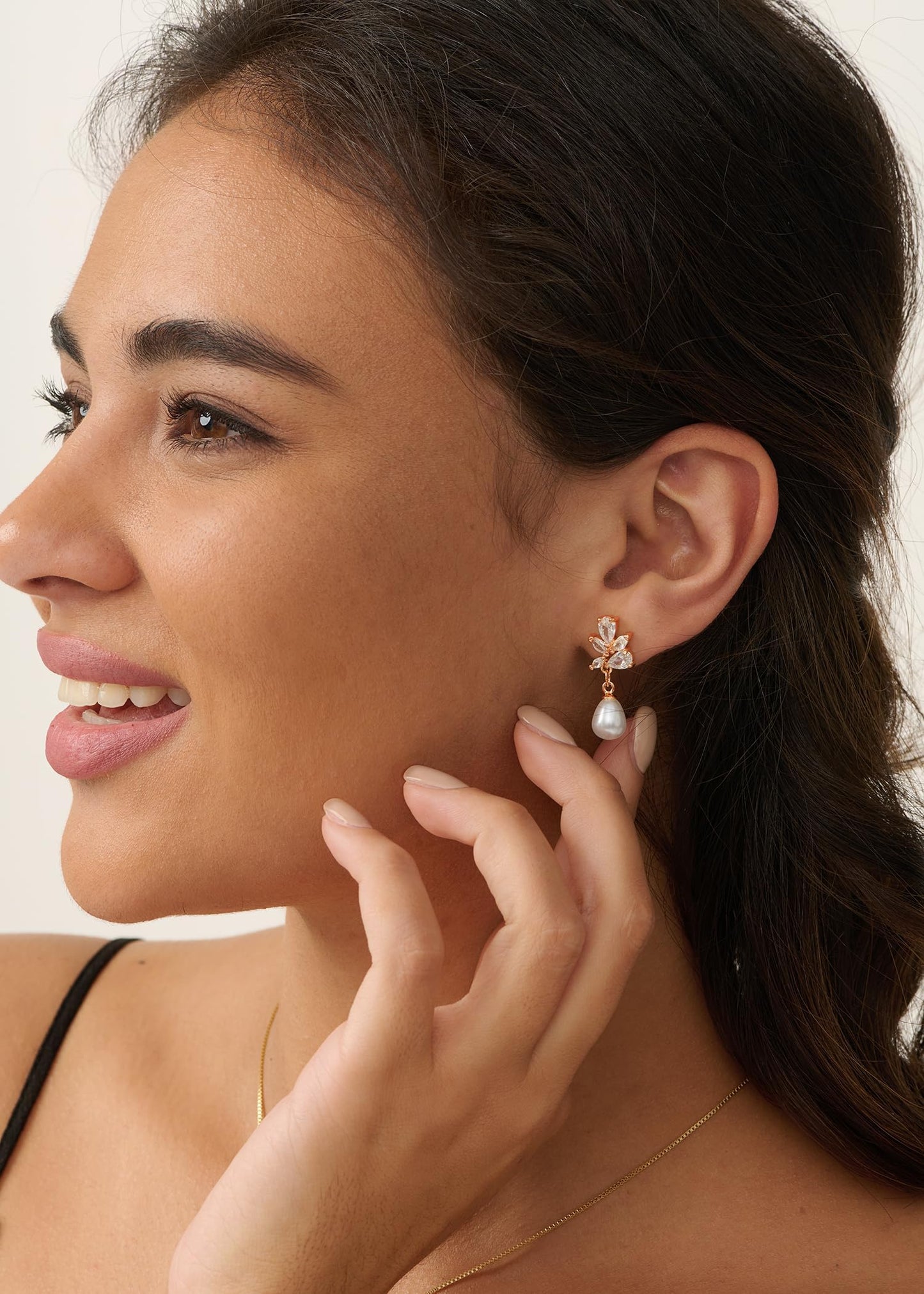 PRTGL Pearl Earrings: 14k Rose Gold Plated Cubic Zirconia Accented Teardrop Pearl Drop Wedding Engagement Earrings For Women Bridal Bridesmaid (Leaf Designed)