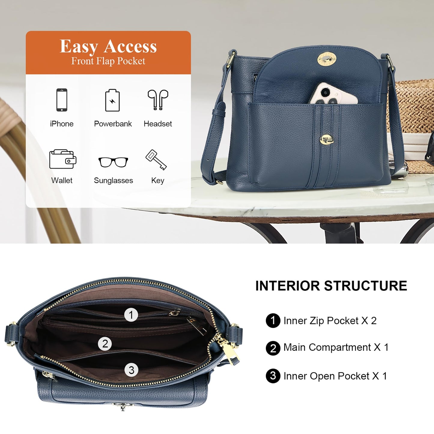 Over Earth Genuine Leather Crossbody Bags for Women Trendy Purses and Ladies Shoulder Handbags(O202E-2G Indigo Blue)