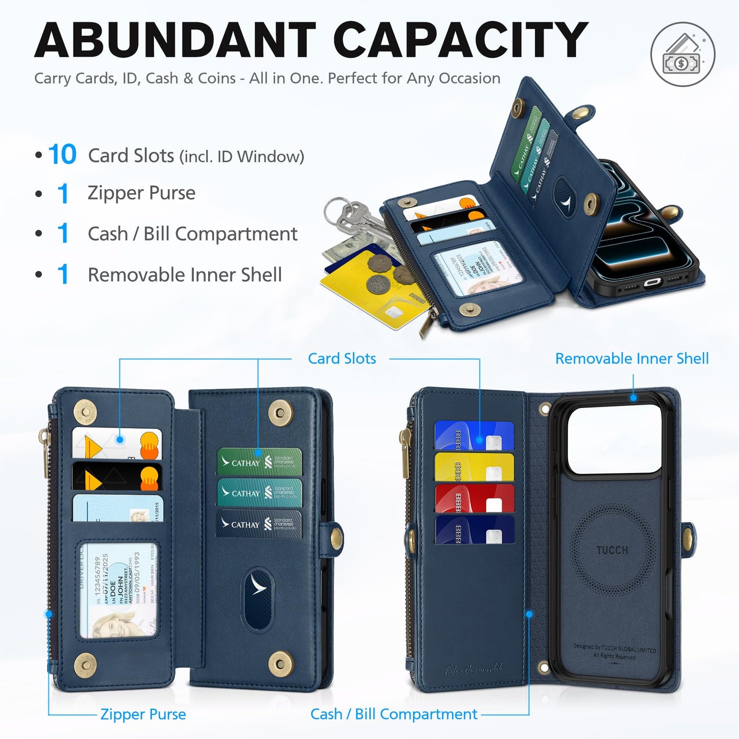 TUCCH Crossbody Detachable Wallet Case for iPhone 17 Pro Max 6.9", 10 Card Holders RFID Blocking, Wireless Charging, Stand, Wrist Strap, Lanyard, Zipper Pocket, PU Leather Shockproof Cover, Dark Blue