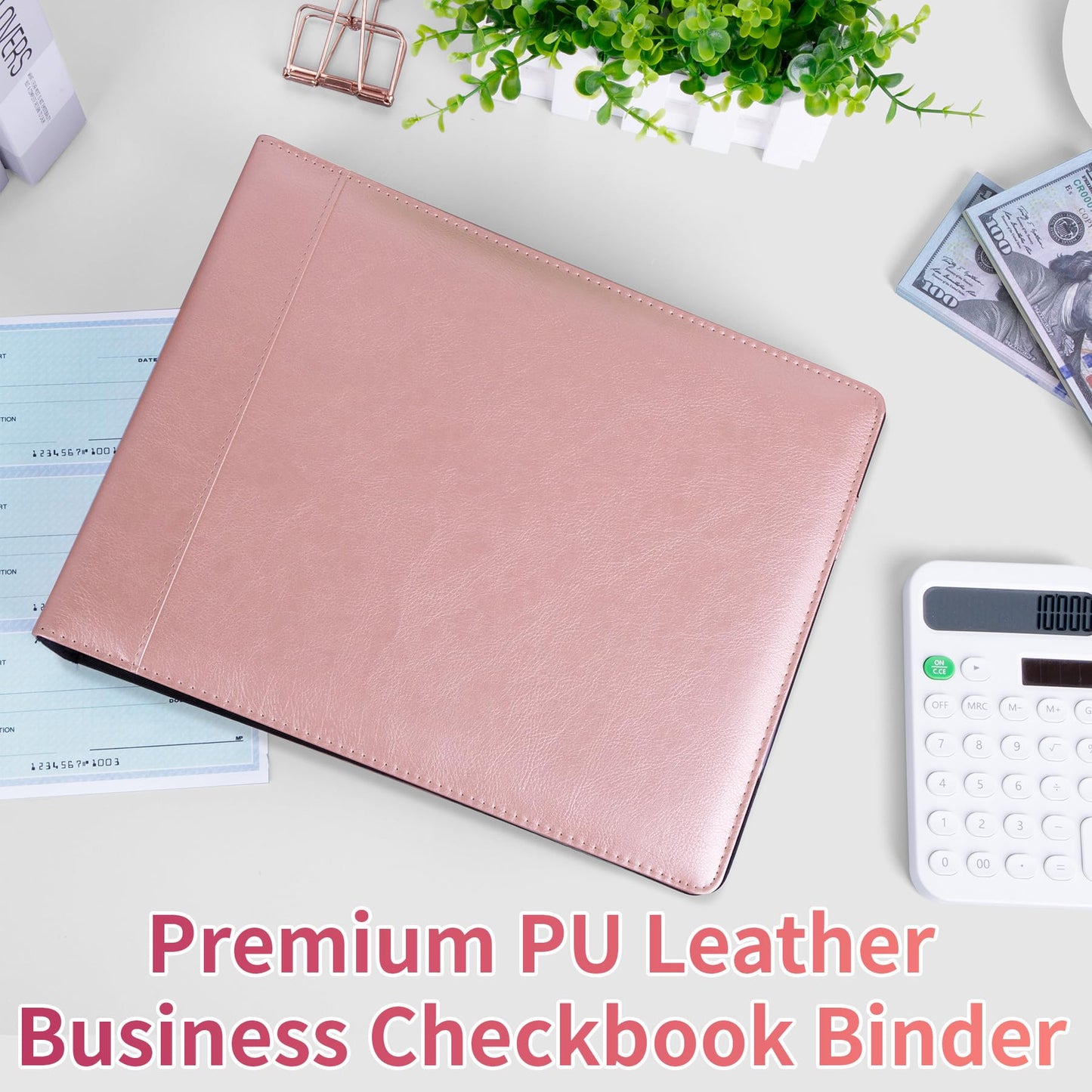 Antner 3 Ring Personal Check Binder for 3-on-a-Page End-Stub Deskbook & Personal 3 Holes or 9 Holes Small Size Checks, PU Leather Check Holder Checkbook Binder Cover with Zipper Pouch, Rose Gold