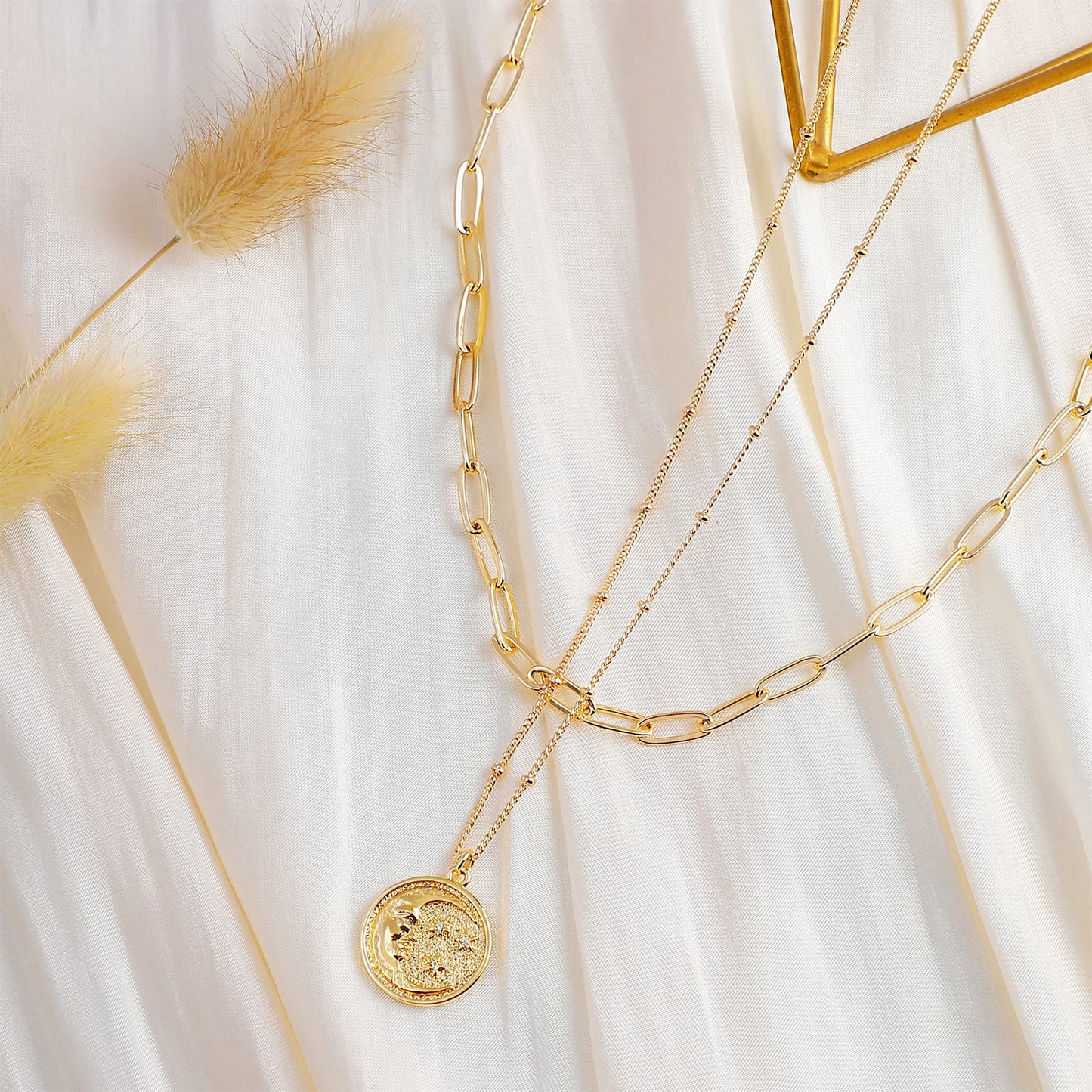 MEVECCO Gold Layered Choker Necklace for Women, 18K Gold Plated Dainty CZ Cresent Moon Pendant Minimalist Paperclip Double Layer Necklace for Jewelry