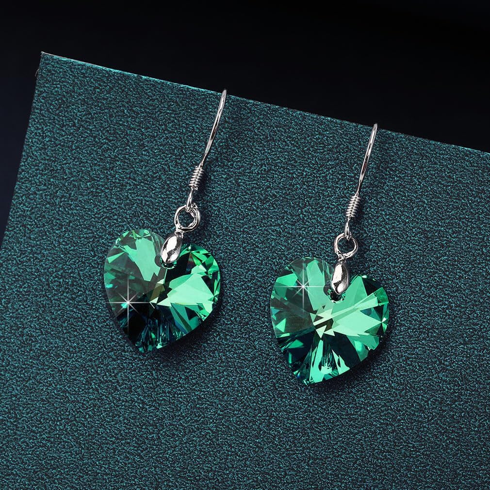 Austrian Crystal Heart Drop Dangle Earrings for Women 925 Sterling Silver Hook Hypoallergenic Earring (Emerald)