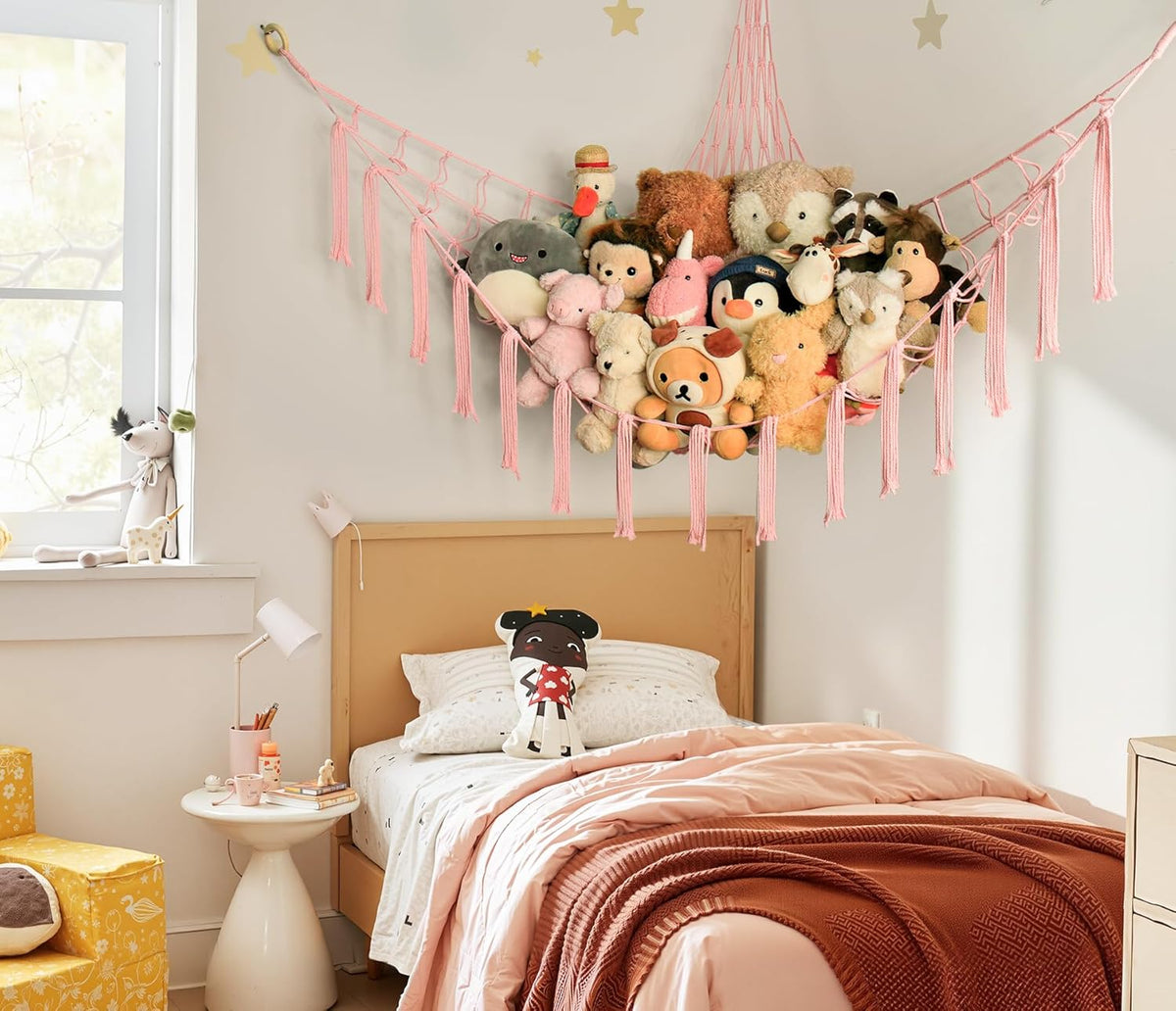 Skiennix Stuffed Animal Storage Hammock - Pink Corner Net Organizer for Teen Girls' Room Decor