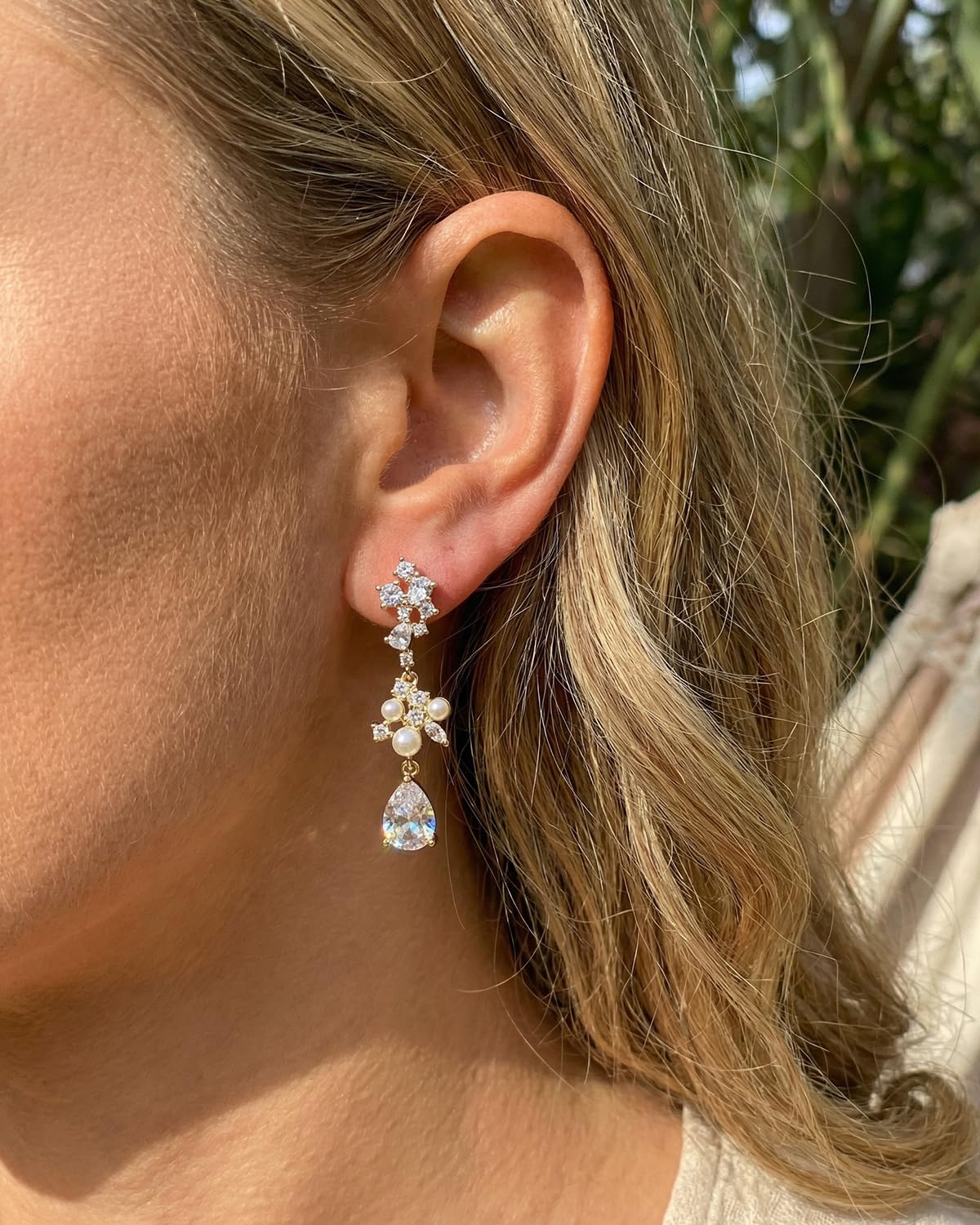 PRTGL Pearl Earrings - 14 Gold Plated Cubic Zirconia Accented Pearl Drop Earrings for Women Dangle Wedding Bridal Teardrop Design