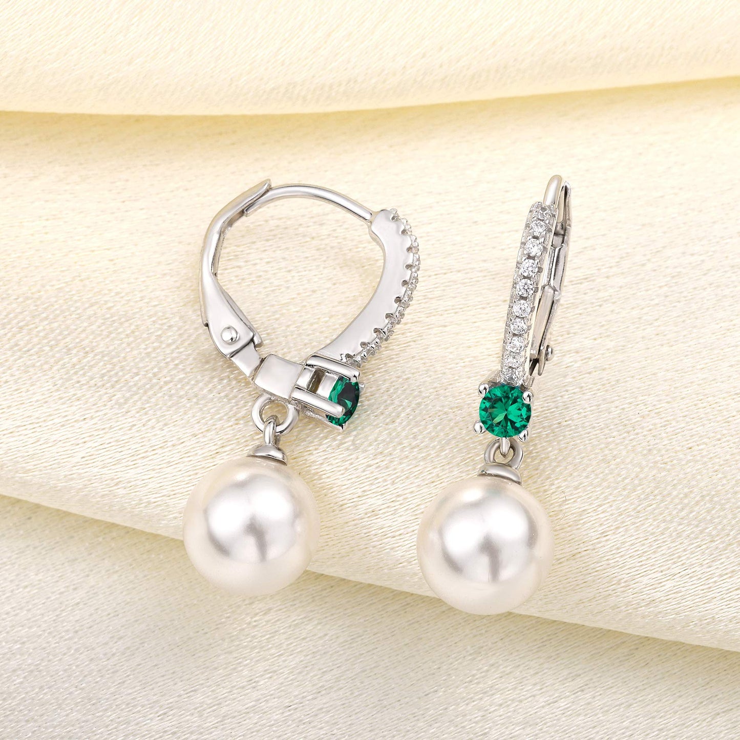 JO WISDOM Pearl Earrings,925 Sterling Silver 8mm Pearl Leverback Drop Earrings with 3A CZ May Birthstone Emerald Color,Wedding Earrings