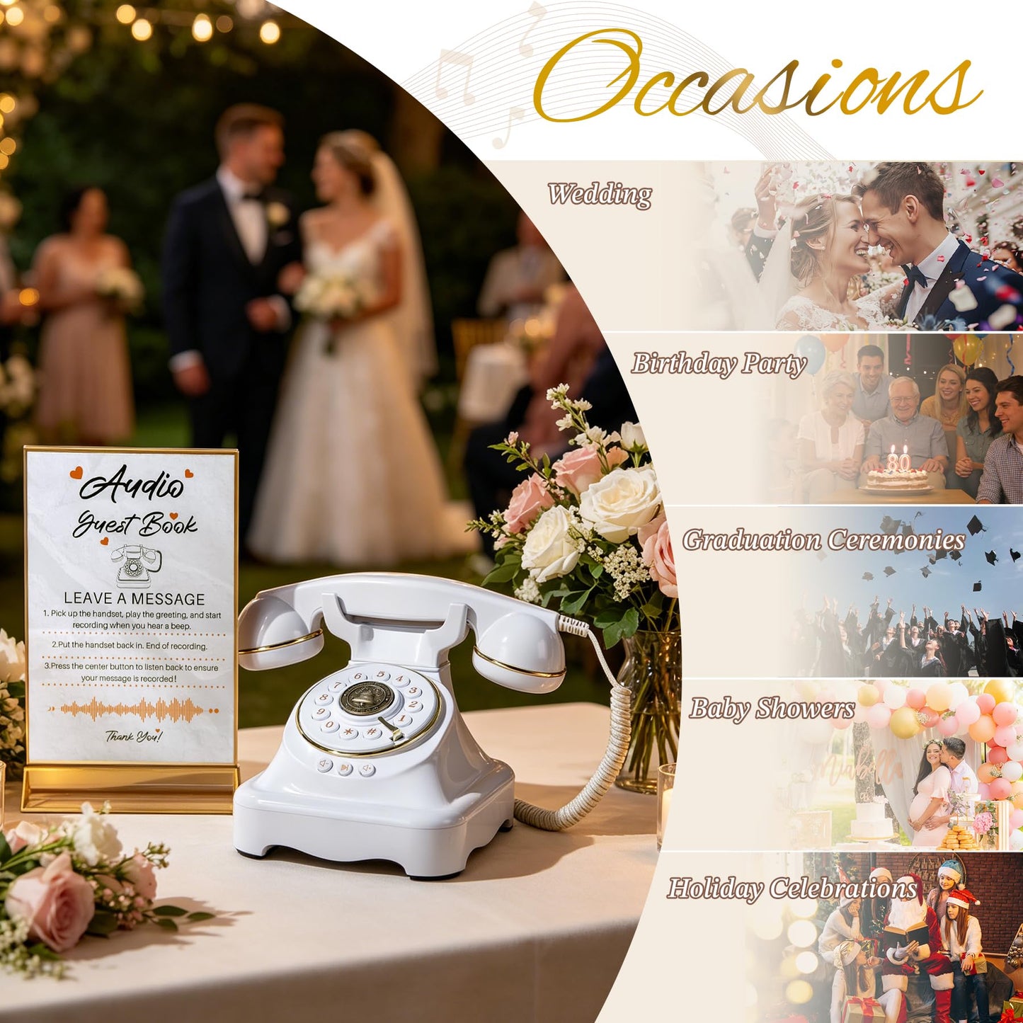 FiayaCom Audio Guest Book Wedding Phone with One-Touch Playback & Adjustable Volume for Wedding, Anniversary, Birthday Parties, Tattle Phone for Classroom(White+Sign)
