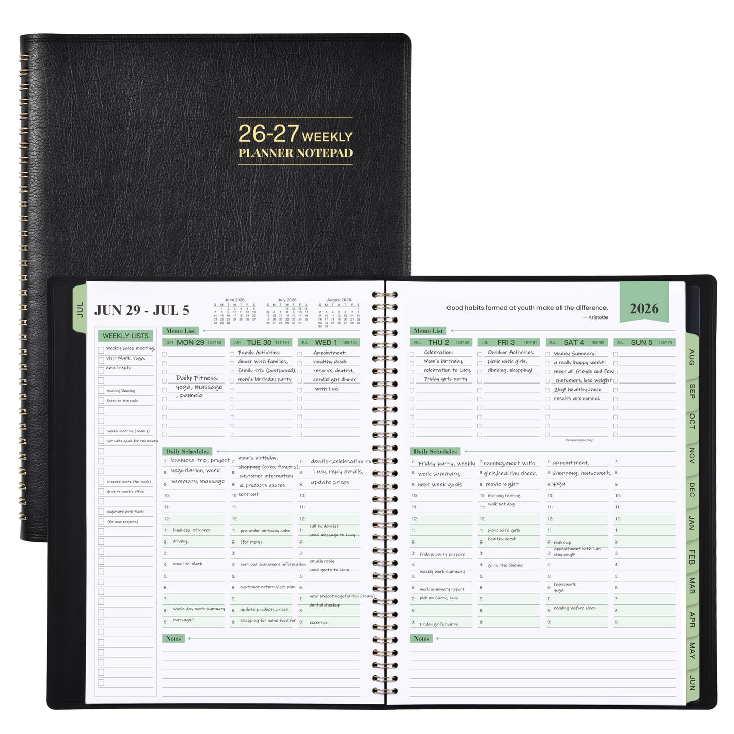2026-2027 Planner - 11.38'' x 8.74'', Weekly & Monthly Planner Notepad, JUL. 2026 - JUN.2027, Appointment Book 2026-2027, 60 Minutes Interval, Monthly Tabs, Faux Soft Leather, Spiral Bound - Black