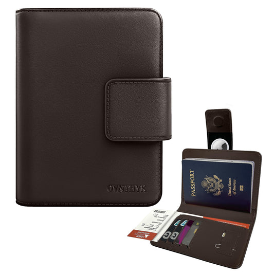 OVNTHYK Premium Full-Grain Leather Passport Holder with Hidden AirTag Slot - RFID Blocking Travel Wallet for Men & Women, Luxury Organizer (Coffee Brown)