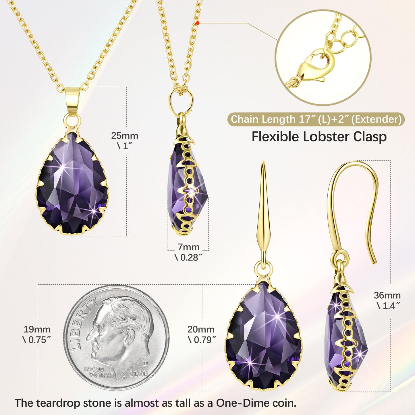 Linawe Lab Created Amethyst Crystal Jewelry Sets, Purple Pendant Necklace, Lavender Imitation Diamond Rhinestone Dangle Earrings, KC Imitation Gold Plated Wedding Jewelry, Teardrop Cubic Zirconia Fake Birthstone
