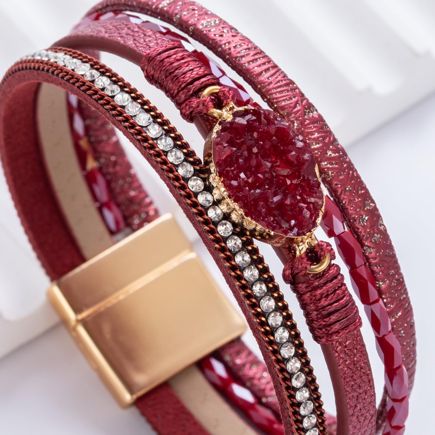 FANCY SHINY Boho Leather Wrap Bracelet Stackable Chunky Crystal Cuff Bracelets with Magnetic Clasp Cowboy Cowgirl Western Summer Beach Outfits Jewelry Gifts for Women (7.7", Burgundy)
