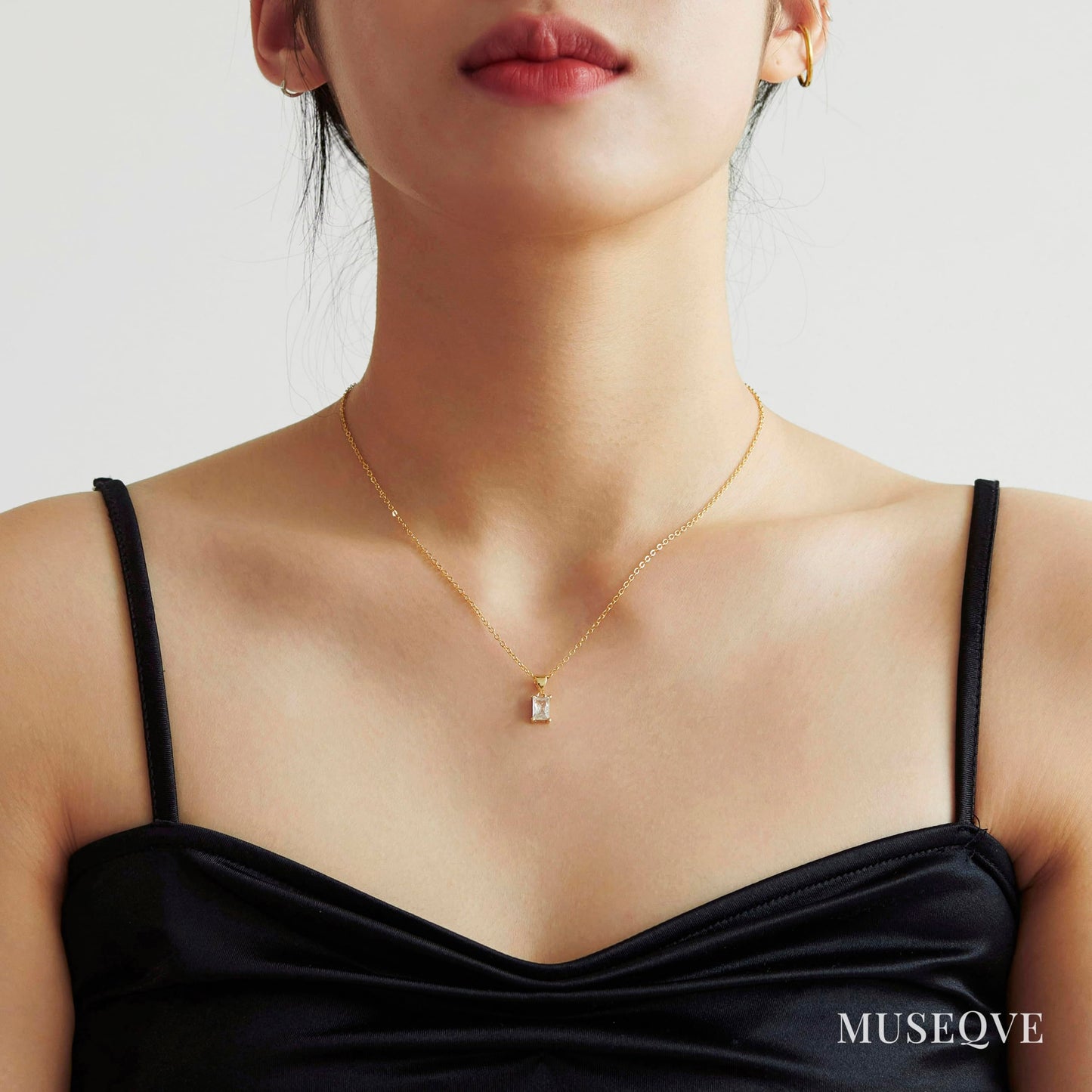 MUSEQVE 14K Gold Plated CZ Crystal Solitaire Necklace for Women • Emerald Cut Rectangle Cubic Zirconia Diamond Pendant Jewelry • Tarnish Free Adjustable Chain [CZN-RT-G]