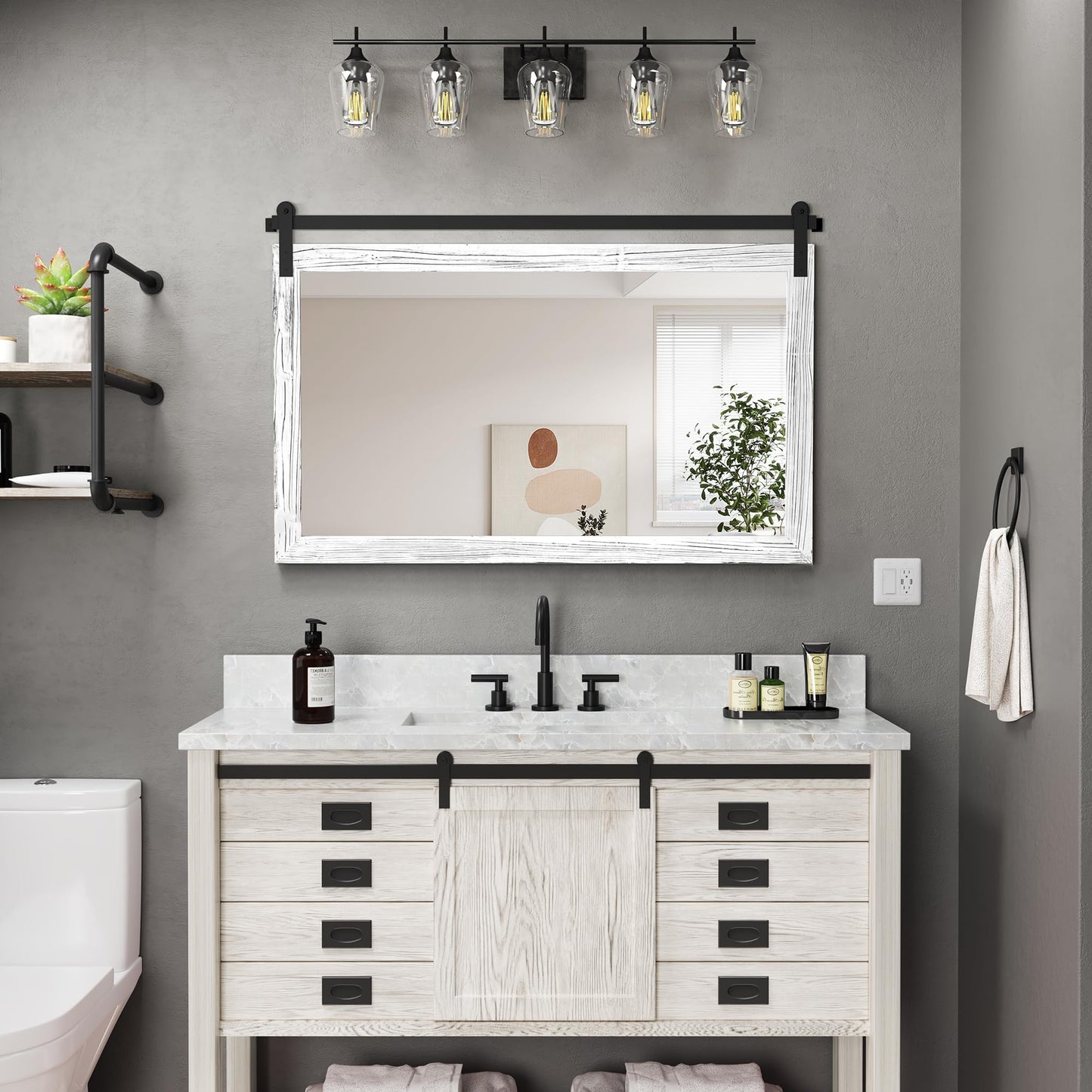 COGOOD Farmhouse Bathroom Mirror - 45 x 30 Large Rectangle Barn Door Mirror for Vanity, Bedroom, Living Room Wall Decor (White)