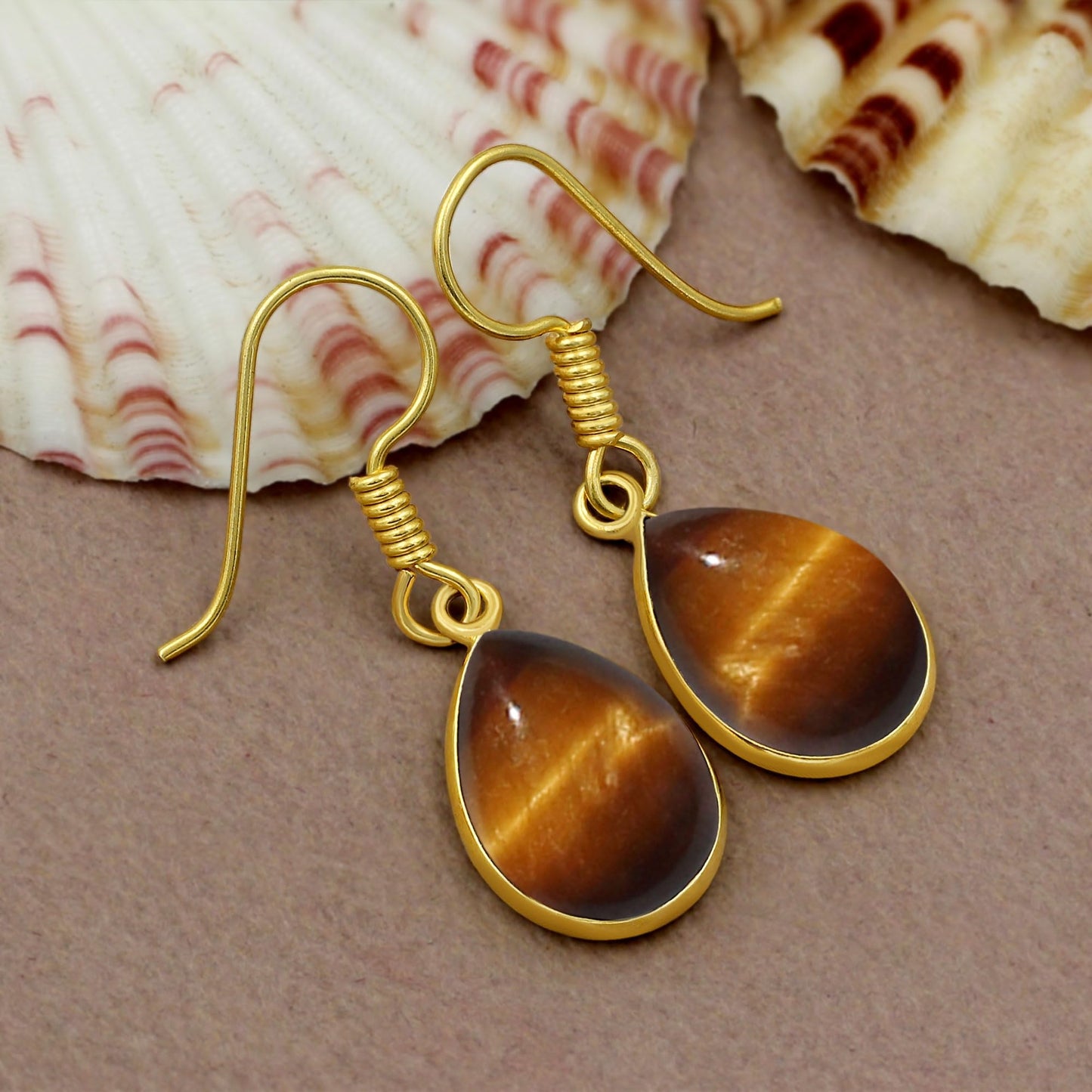 Natural Tiger Eye 14K Yellow Gold Plated Dangle Earrings for Women - November Birthstone Teardrop Shape Gemstone Handmade Earrings - Jewelry Gifts for Her Mom Wife Sister