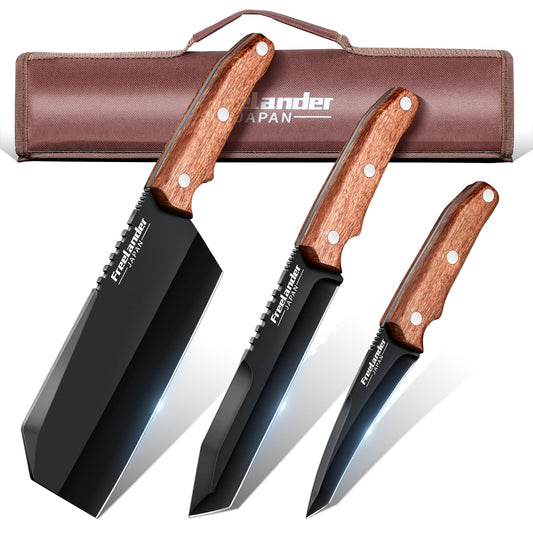 Freelander Butcher Knife Set 3 PCS, Japanese Chef Knife Set with Roll Bag, Full Tang Meat Cleaver for Kitchen & Camping & BBQ, Gift for Men