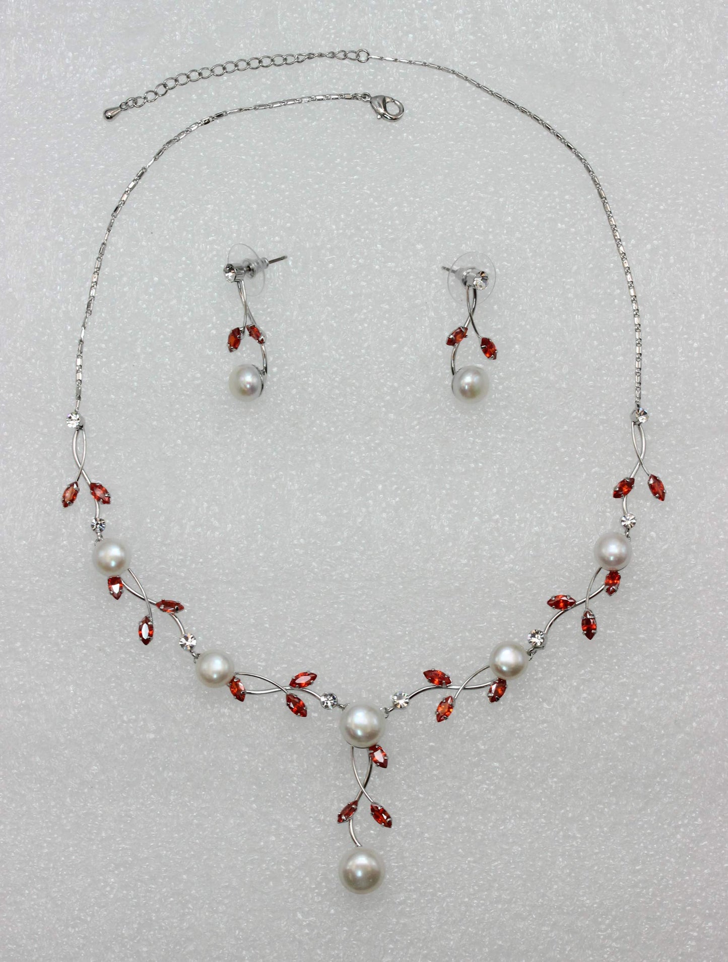 Faship Red CZ Crystal Genuine Freshwater Pearls Floral Necklace Earrings Set - Red