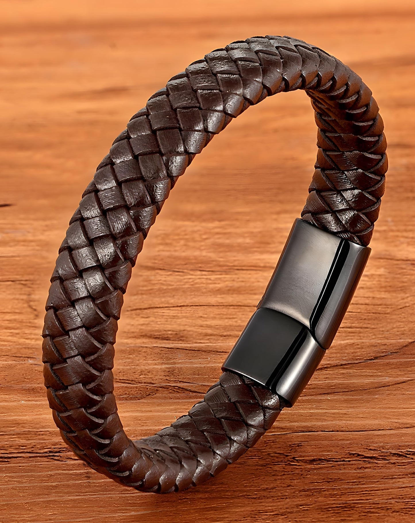 Deerllia Leather Bracelet for Men, Braided Cuff with Stainless Steel Clasp Stacked Multi Style Color Anniversary Father's Day Birthday Christmas Jewelry Gifts for Him, Black Clasp Brown Leather