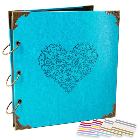 ADVcer Photo Album DIY Scrapbook, 10x10 inch 50 Pages Vintage Leather Cover Three-Ring Binder Picture Booth Albums + 9 Colors 408pcs Self Adhesive Photos Corners for Personalized Memory Keep (Cyan)