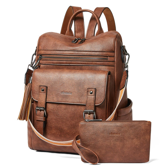 Shrrie Womens Vegan Leather Backpack Purse for Work College Brown Fashion Small Backpack Design Water-Resistant Purse