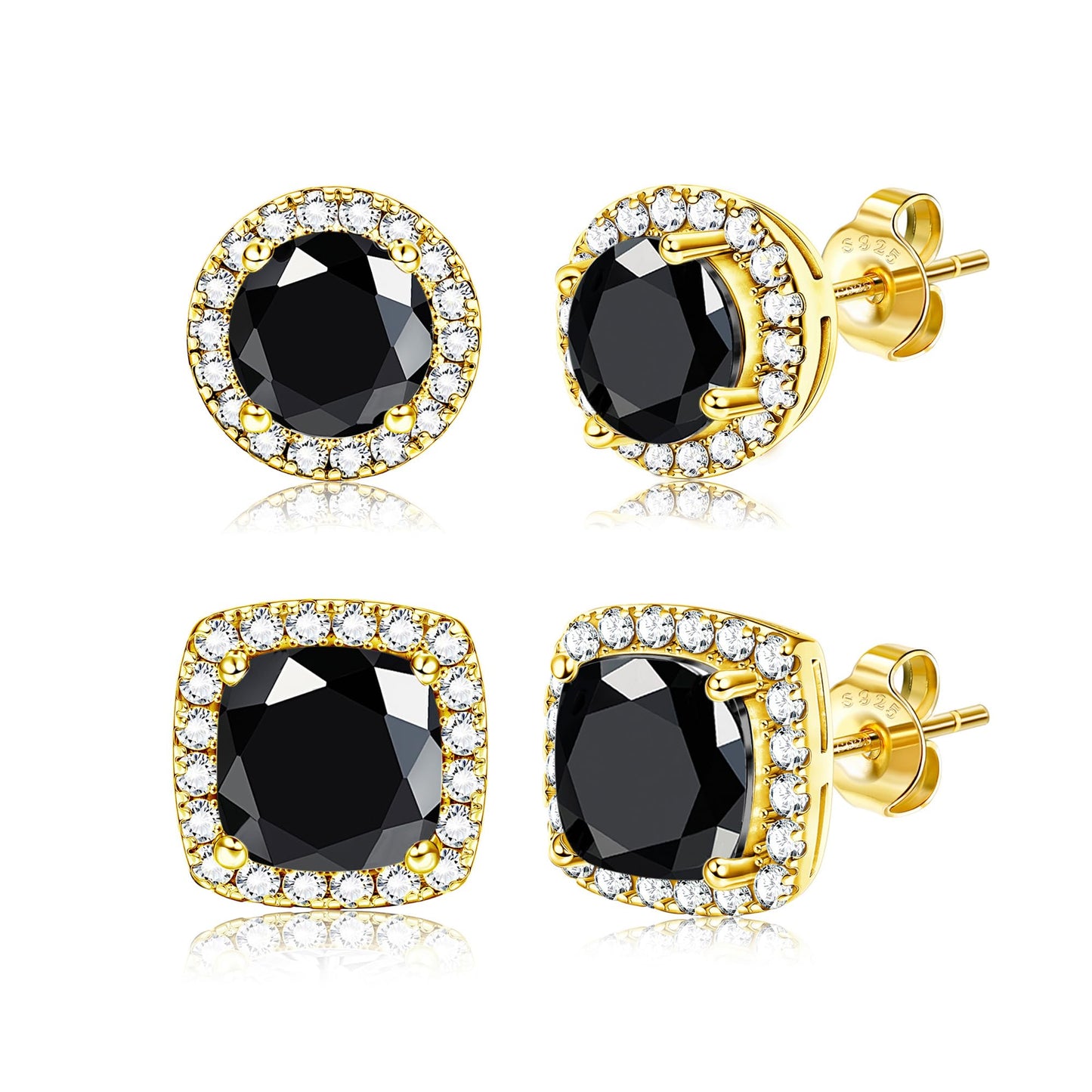 Hayoso Cubic Zirconia Stud Earrings for Women Men Sterling Silver Earring Post Hypoallergenic 14k Gold Plated Round&Square Earrings Gold&Black