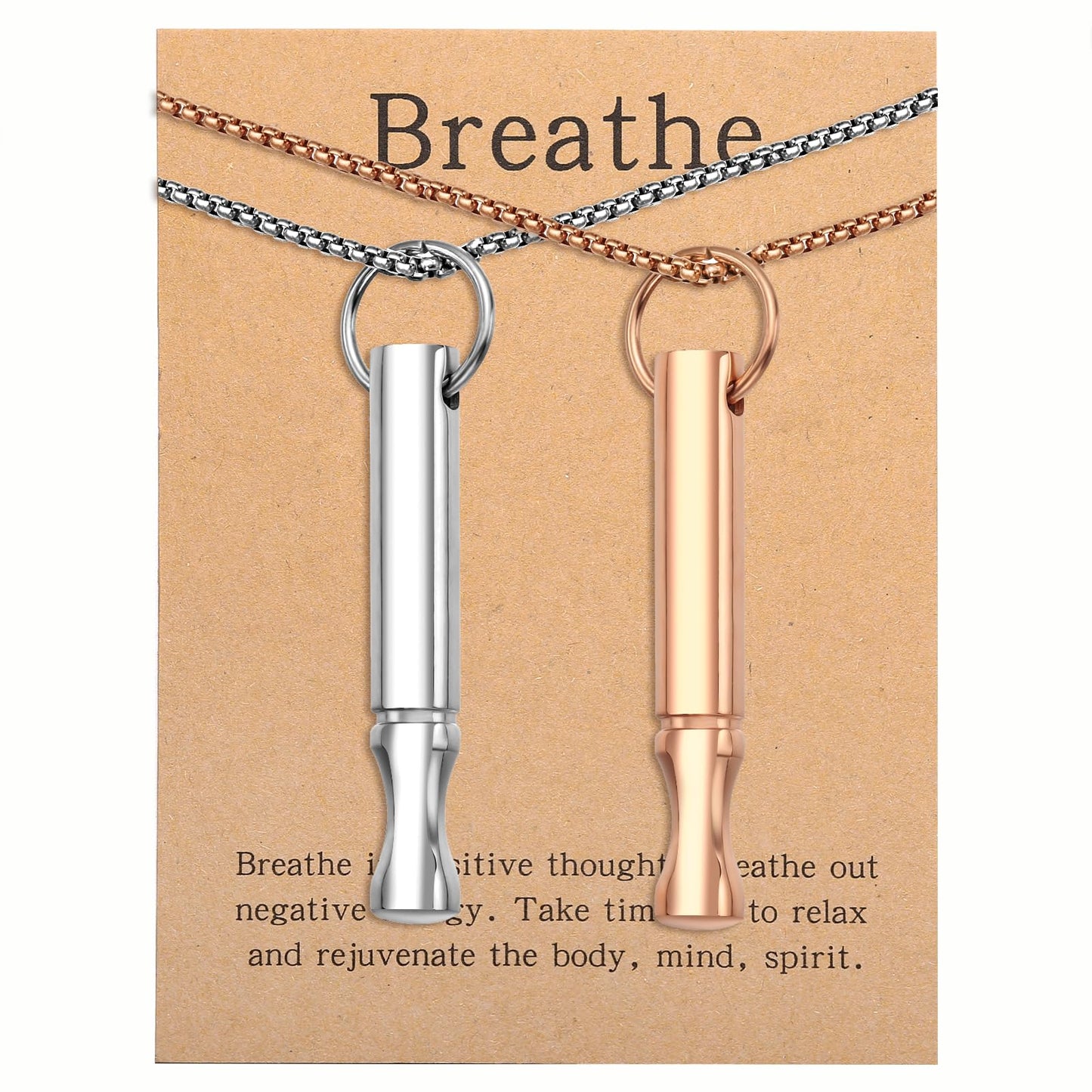Mindfulness Breathing Necklace Stress Relief Pendant Stainless Steel Anxiety Breathe Necklace for Women Men (Rotundity, Steel+Rose Gold)