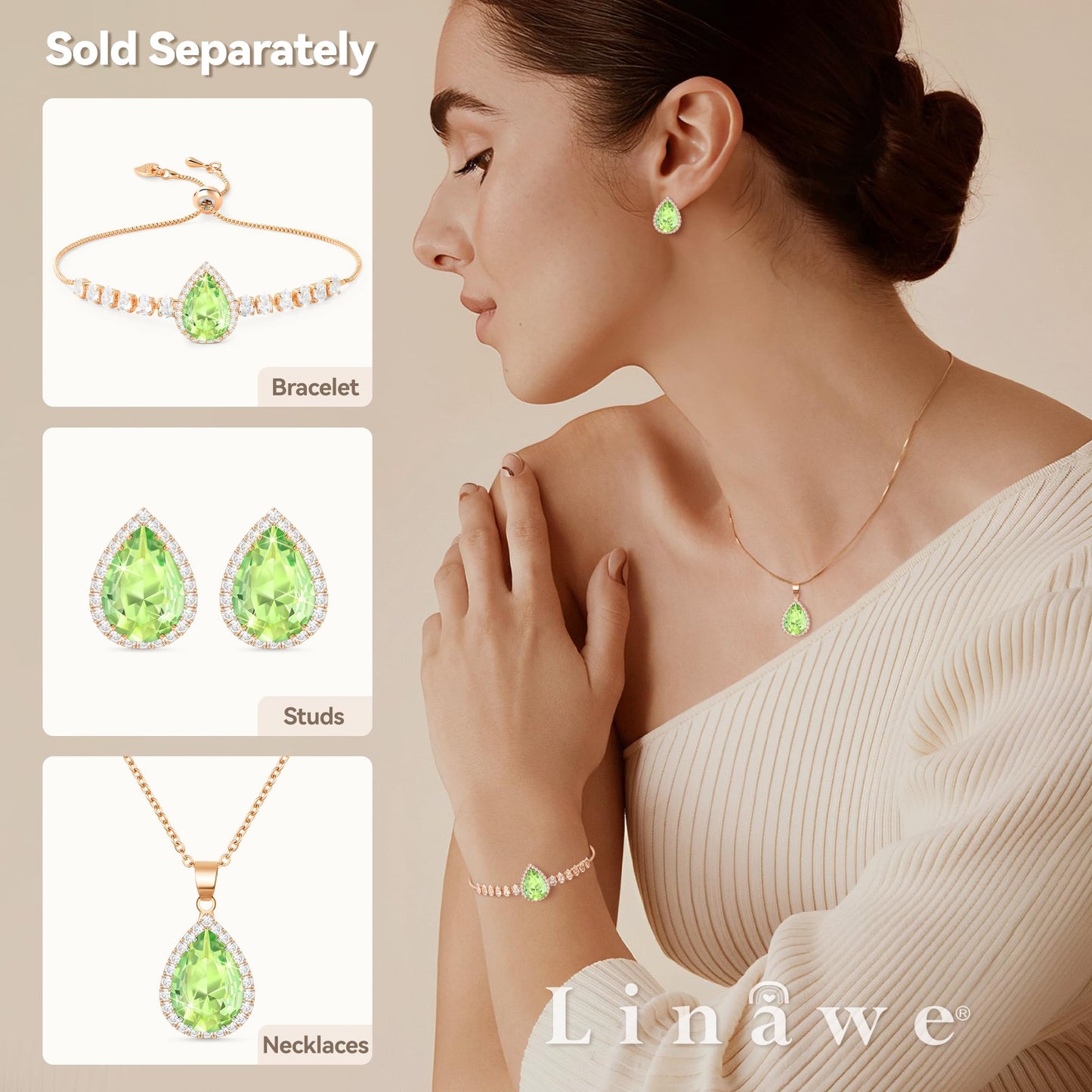Linawe Crystal Imitation Diamond Green Necklaces for Women Trendy, Rose Gold Preppy Moissanite Birthstone Choker Pendant Necklace Statement Aesthetic Gemstone Jewelry Set