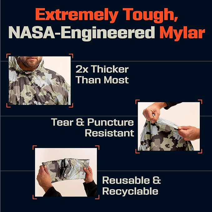 PREPARED4X Emergency Poncho and Mylar Blanket Liner - Waterproof, Wind-Resistant Outdoor Rain Poncho for Camping, Emergencies