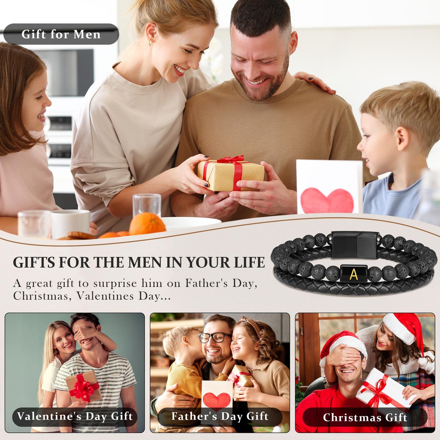 FOCOOG Gifts for Men Bracelet - Mens Gift Black Leather Bracelets for Men with Initial Lava Rock Bead Magnetic Clasp Leather Men's Initial J Bracelet for Men's Jewelry Mens Gifts for Dad Husband