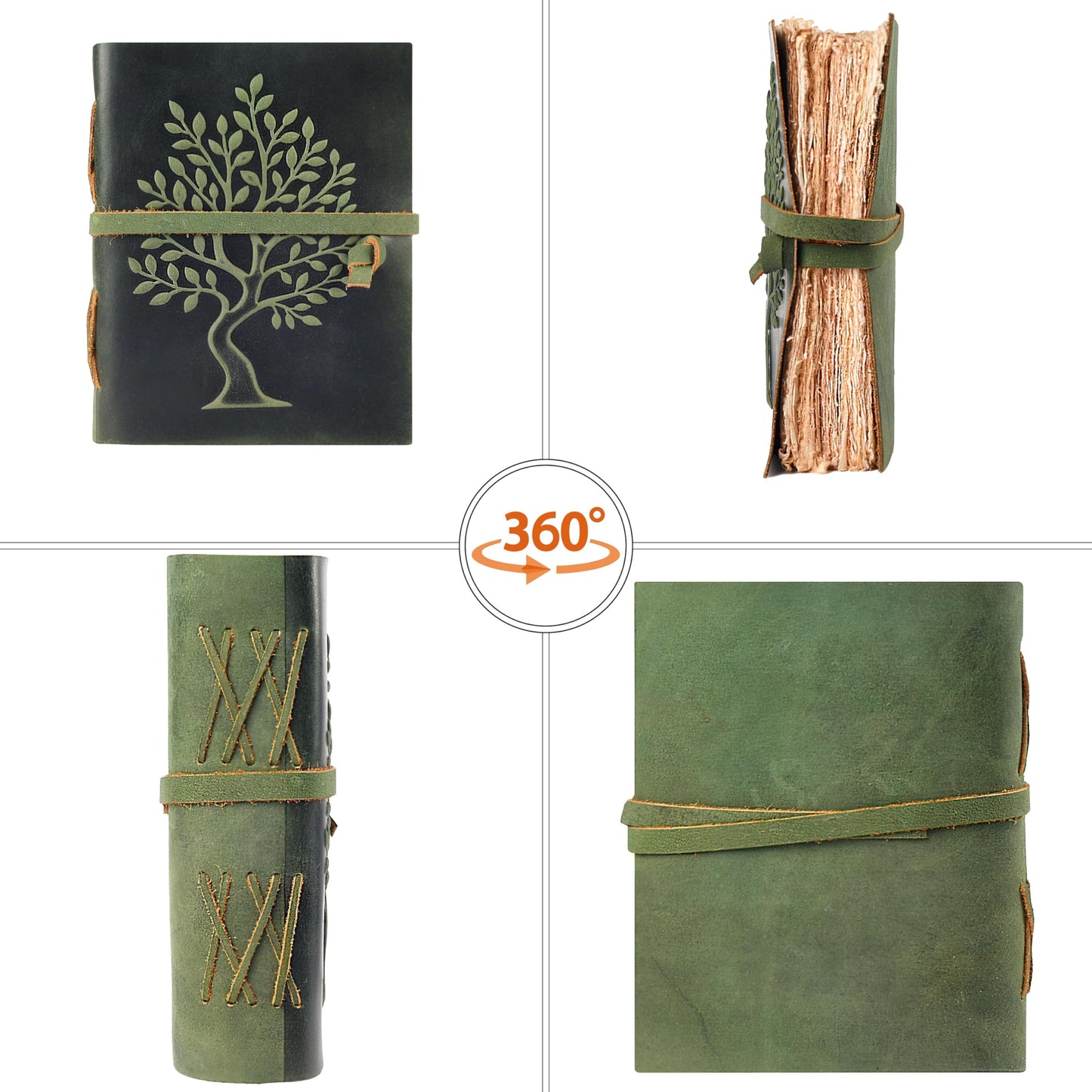 LEATHER VILLAGE Tree of Life Handmade Leather Bound Vintage Journal for Men & Women - 200 Pages Antique Deckle Edge Handmade Paper- Book of Shadow - Green - 6X4 Inches