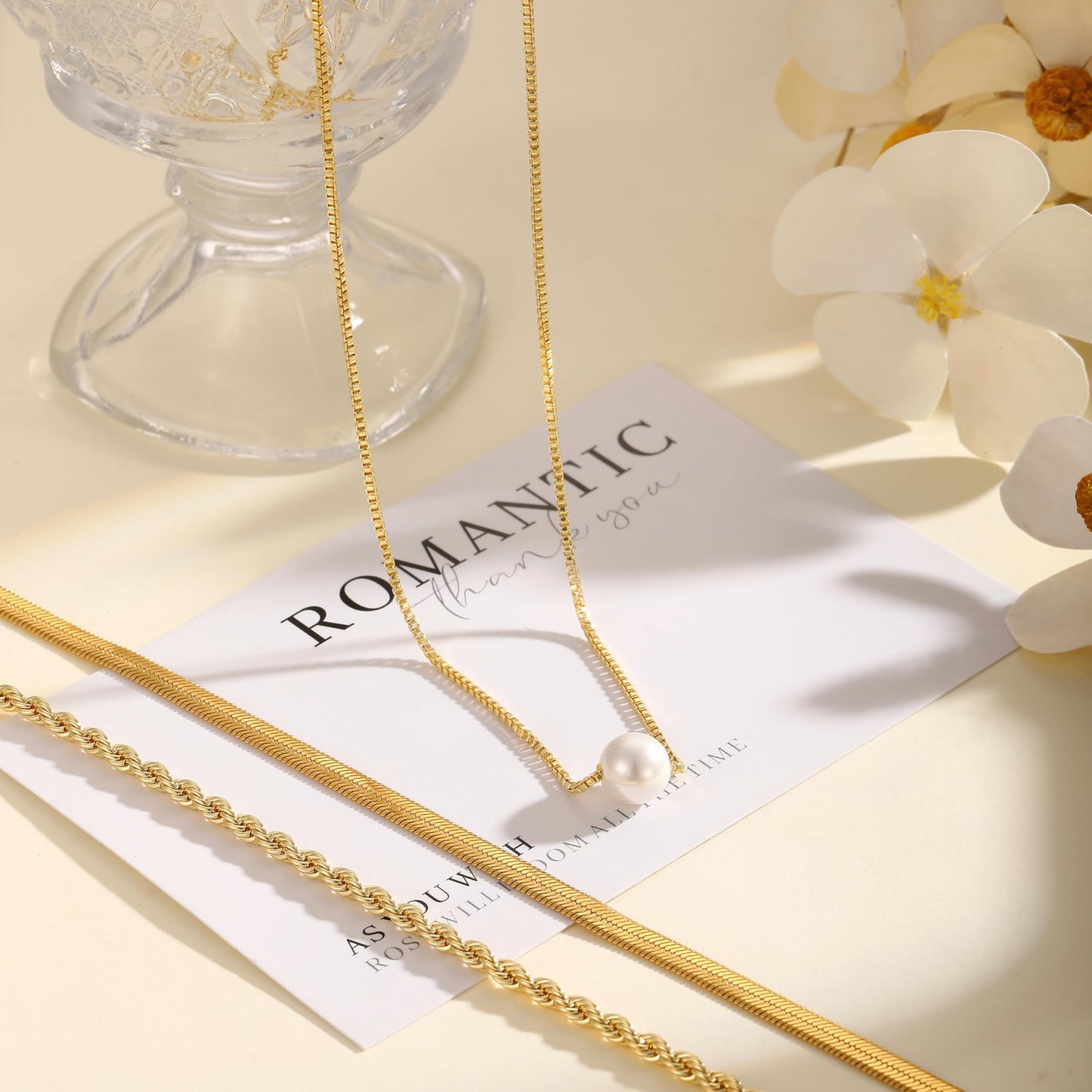 Hothrty Gold Pearl Necklaces for Women Dainty 14K Gold Plated Herringbone Twisted Chain Choker Necklace Set Layered Gold Necklace Stack Trendy Simple Jewelry Set