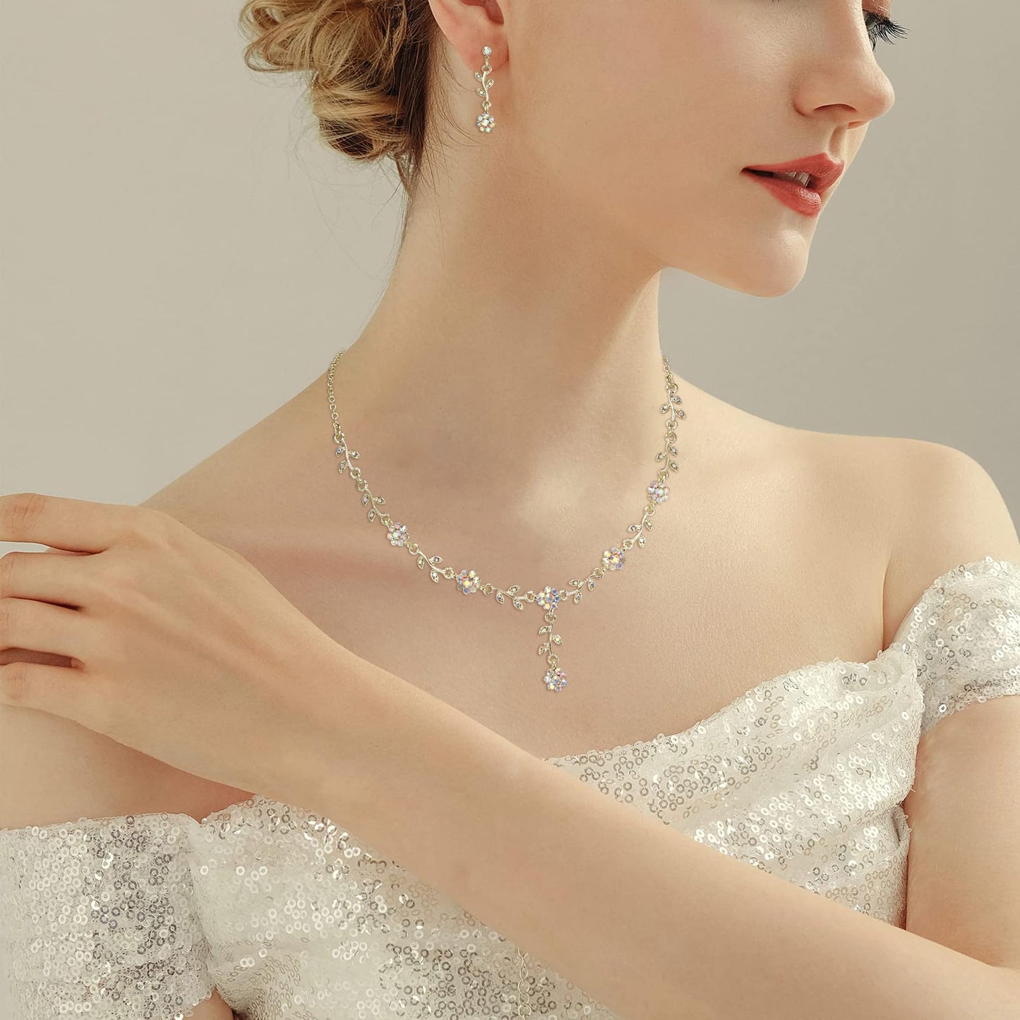 EVER FAITH Wedding Jewelry Sets for Women Rhinestone Crystal Elegant Cluster Flower Bridal Necklace Earrings Set fit with Prom Party Dress Iridescent AB Gold-Tone
