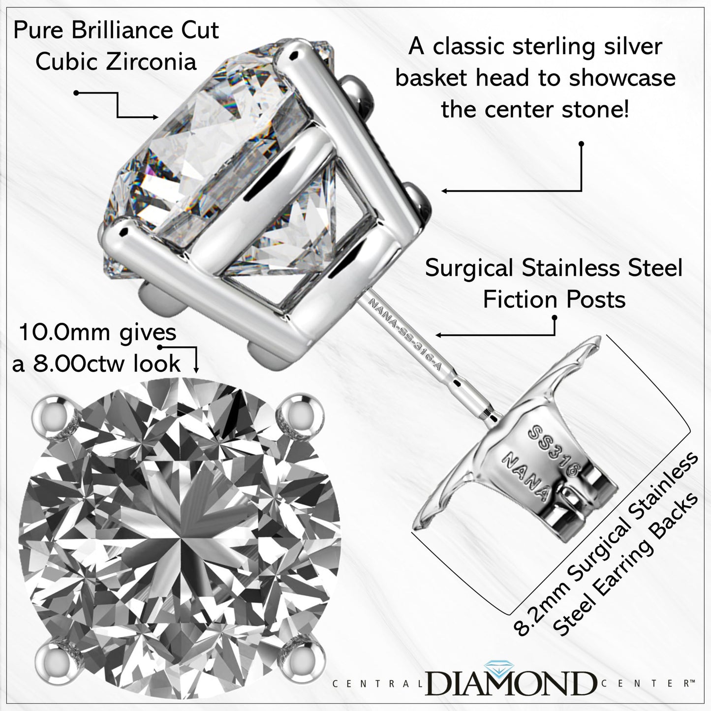 Central Diamond Center Round Simulated Diamond Stud Earrings Hypoallergenic Metal & Sterling Silver CZ - 10.0mm (8.00cttw) Yellow