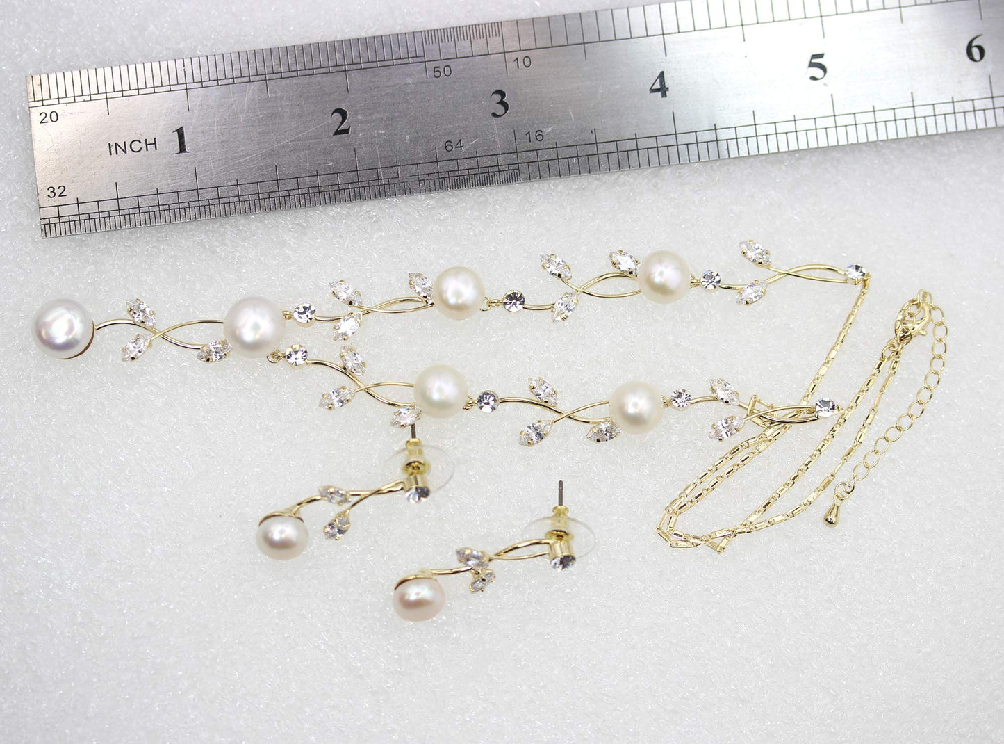 Faship Gorgeous Clear CZ Crystal Genuine Freshwater Pearls Floral Necklace Earrings Set - Clear/Gold-Plated
