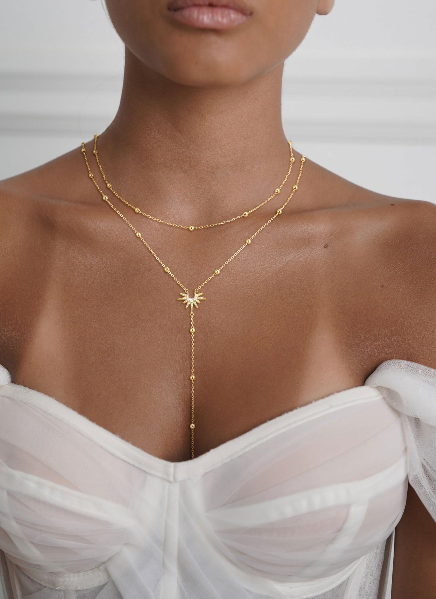 CHESKY Lariat Gold Necklace for Women, Dainty Long Necklace 14k Gold Plated Y-Shaped Pendant Necklace Trendy Layered Cz Beaded Chain Drop Necklaces Simple Gold Jewelry for Women Gifts